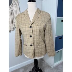 Women’s Vintage 90s Tan Windowpane Holiday Plaid Wool Blazer Suit Jacket Medium